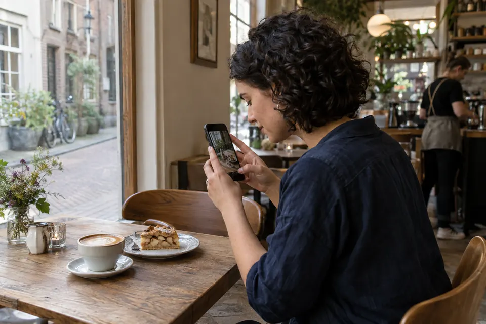 Een maker filmt een gerecht met een telefoon.
