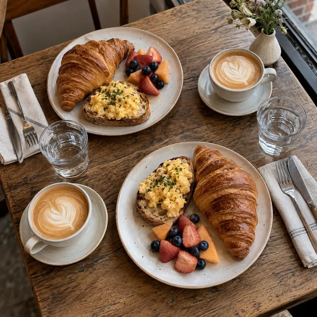 Ontbijt voor twee met koffie en croissants.